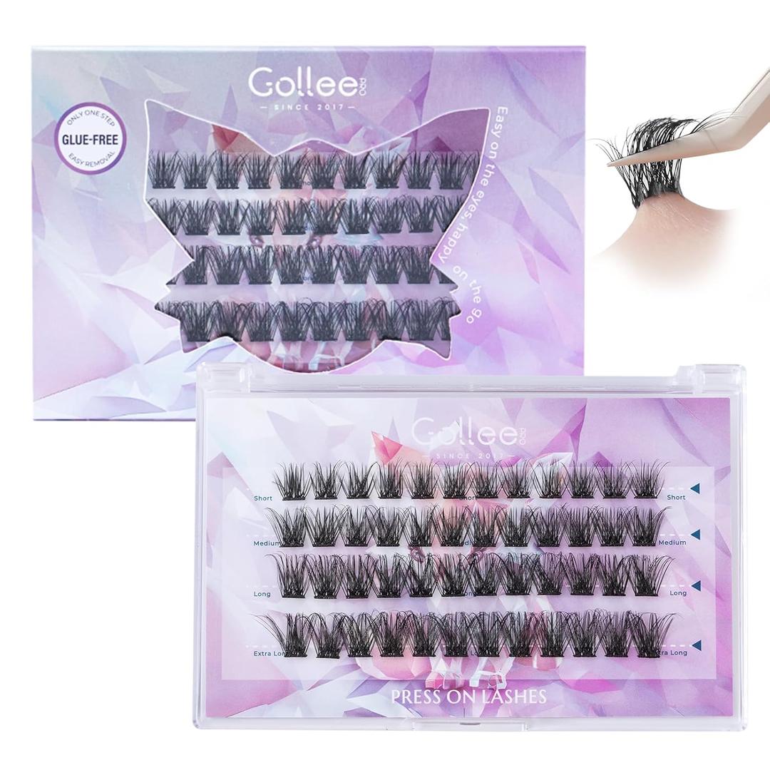 Self Adhesive Eyelashes, No Glue Needed Self Adhesive Lash Clusters, Reusable Pre-Glued Eyelashes No Remover No Residue for Beginners (Volume Look, Black)