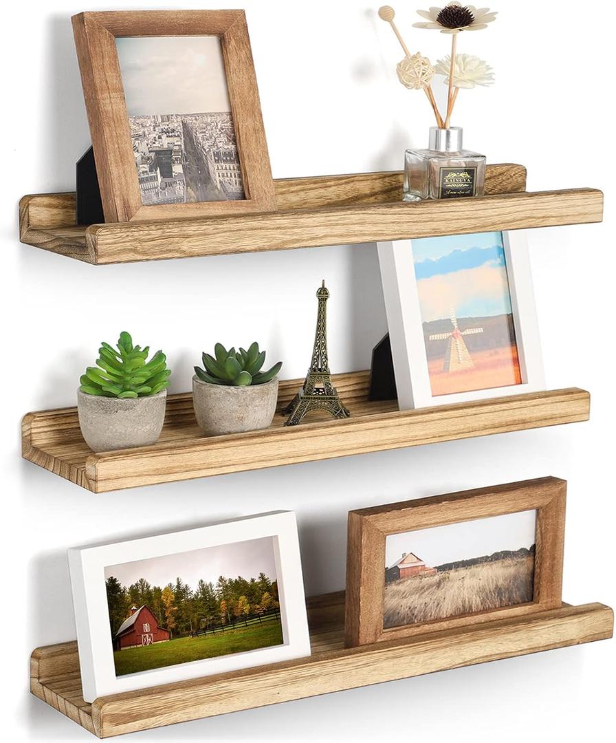 Emfogo Floating Shelves for Wall, 16.9 inch Wood Wall Shelves with Ledge, Floating Shelf Picture Ledge Set of 3 for Living Room Bedroom Kitchen Display and Storage(Rustic Brown) (Carbonized Black)