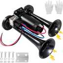 24V 600dB Super Loud Dual Trumpet Electric Train Air Horn Kit with Heavy-Duty Compressor Waterproof Black Airhorn for Trucks, Motorcycles, SUVs, Pickups, Boats, ATVs & Off-Road Vehicles