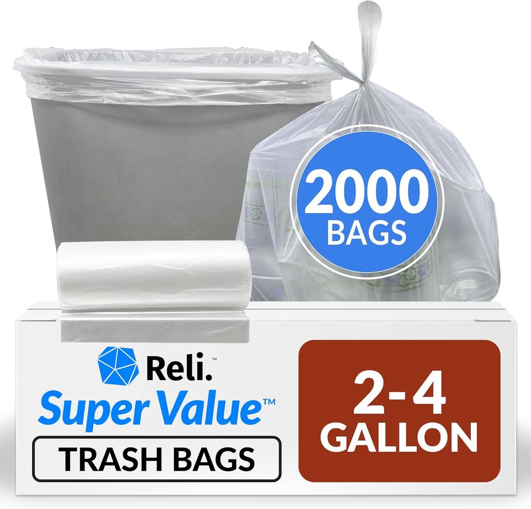 Reli. 2-4 Gallon Trash Bags | 2000 Bags | Clear | Bathroom | Strong | Garbage