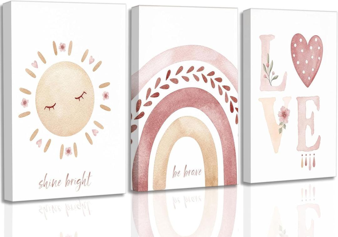3 Pcs Nursery Canvas Wall Art Pink Sun Rainbow Hearts Posters Prints Boho Kids Room Pictures Wall Decor for Toddlers Children Baby Girl Bedroom Home Decoration, 16x24in-Canvas