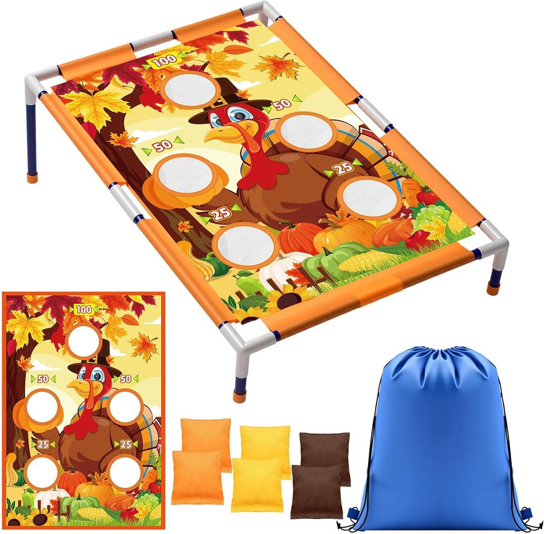 Fall Bean Bag Toss Turkey Party Game for Kids Adults with 6 Bags Thanksgiving Pumkin Maple Portable 6 Hole Corn Toys Set for Boys Girls Toddlers Autumn Outdoor Indoor Favors Carnival Gift