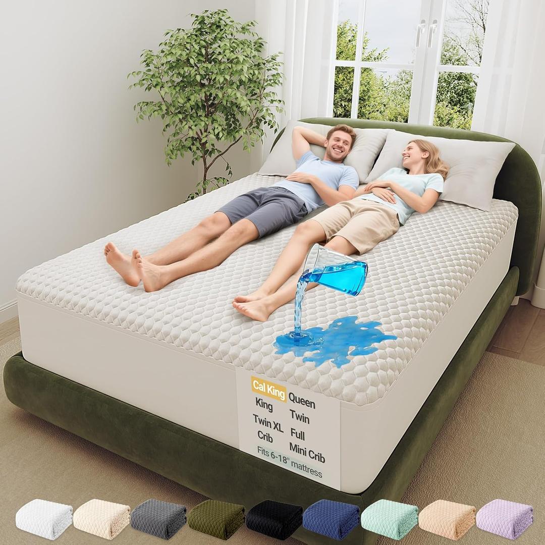 OhGeni 100% Waterproof California King Mattress Protector,Mattress Soft Pad,Pet Hair & Bedwetting Resistant,Cooling Fitted Sheets,Washable Bed Cover,Non-Slip Deep Pocket,Noiseless for Taller Person