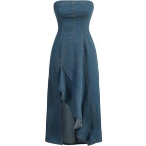 MakeMeChic Women's High Split Tube Denim Dress Sleeveless Ruffle Trim Midi A Line Dress (Blue, M)