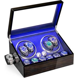 ANWBROAD Watch Winder for Automatic Watches 4 Watch Rotator and 6 Extra Storages with Super Quiet Motor LED Backlight Piano Paint Watch Shaker 4 Rotating Modes USB UJWW002E