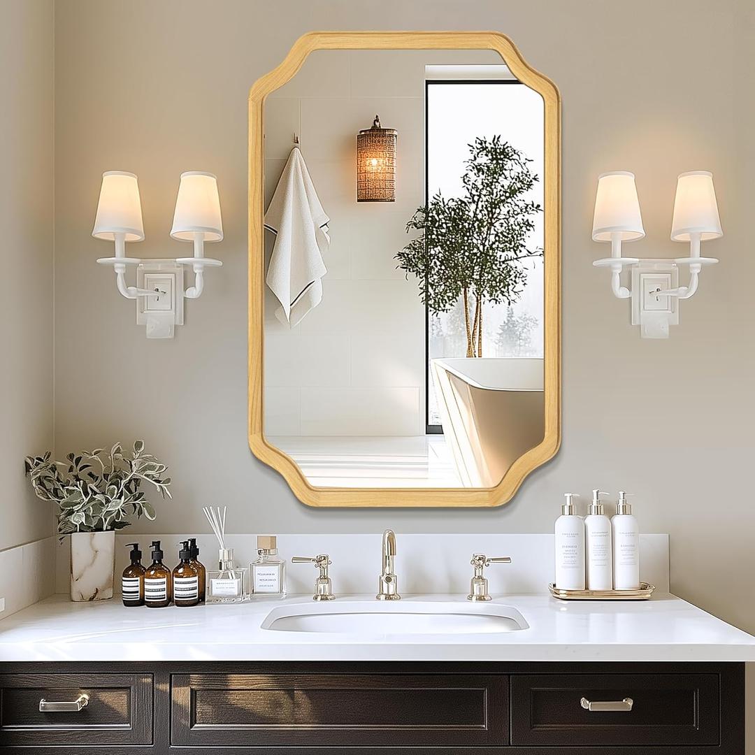 Wooden Bathroom Mirror for Wall, 24" x 36" Rustic Vanity Mirror for Over Sink, Natural Wood Wall Mirror with Decorative Rounded Corner Frame for Bathroom, Farmhouse, Entryway, Bedroom, Living Room (36"L x 24"W, Natural)