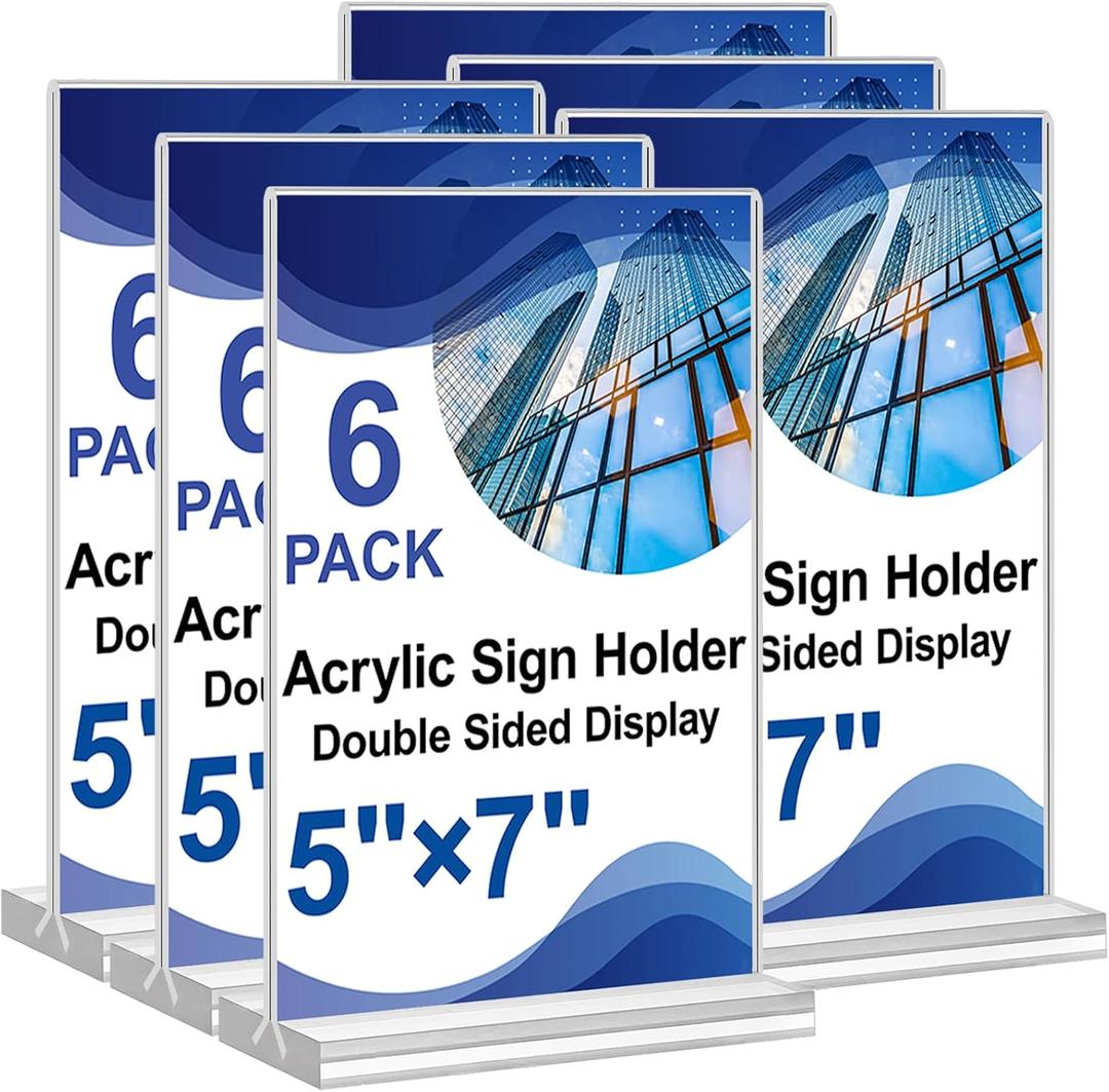 Acrylic Sign Holder 5x7, 6 Pack Clear Plastic Table Display Vertical Double-Sided Desktop Display Stand Paper Holder Clear Table Sign Holder for Menu ad Frame Suitable Restaurants Meeting Office Store