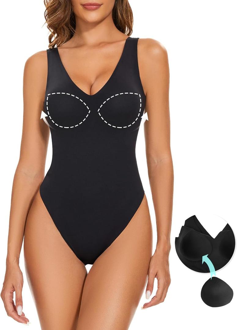 Decorus Women's Shapewear Tank Bodysuits - Plunge V Neck Sleeveless Shapewear Built in Bra V Backless Thong Body suits Tops (Black, XXL)
