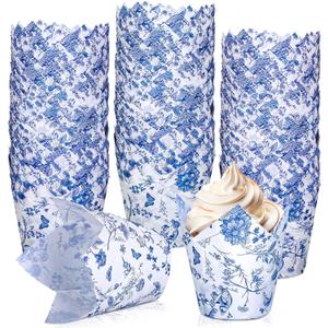 Whaline 200Pcs Blue White Floral Cupcake Liners Chinoiserie Toile Muffin Baking Liners Vintage Flower Tulip Cupcake Wrappers Baking Cup for Bridal Baby Shower Wedding Birthday Tea Party Decor