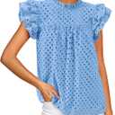 BTFBM Casual Summer Tops for Women 2026 Short Ruffle Sleeves Shirts Crew Neck Hollow Out Lace Embroidered Blouses, Light Blue, Small