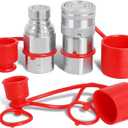 1/2" NPT Flat Face Hydraulic Couplers, Skid Steer Bobcat Quick Connect Fittings with Dust Covers(ISO16028) (Red)