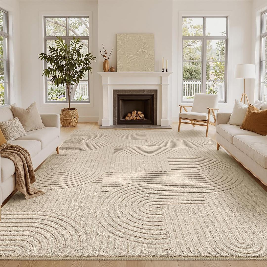 Soalmost 8x10 Washable Area Rug with High-Low Pile for Living Room, Beige