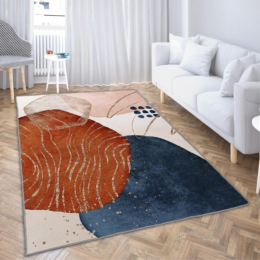 Ansouyi Orange Blue and Gold Non-Slip 5x7 ft Area Rugs, Washable Rug Carpet for Living Room, Terracotta Abstract Modern Art Home Decor Rugs for Game Room Classroom Bedroom Dining Kindergarten Room