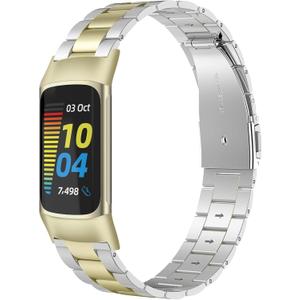 Wearlizer Compatible with Fitbit Charge 6/Charge 5 Bands for Women Men, Classic Stainless Steel Ultra-Thin Lightweight Replacement Straps Charge 6/Charge 5 Bands (Soft Gold + Sliver)