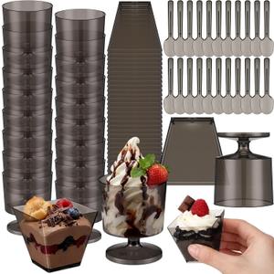 Funnymoom 100 Pack 2oz Mini Dessert Cups with Spoons Small Clear Plastic Dessert Parfait Cup Square Appetizer Pudding Cups Round Goblet Shooters for Pudding Fruit Yogurt Ice Cream Mousse (Black)
