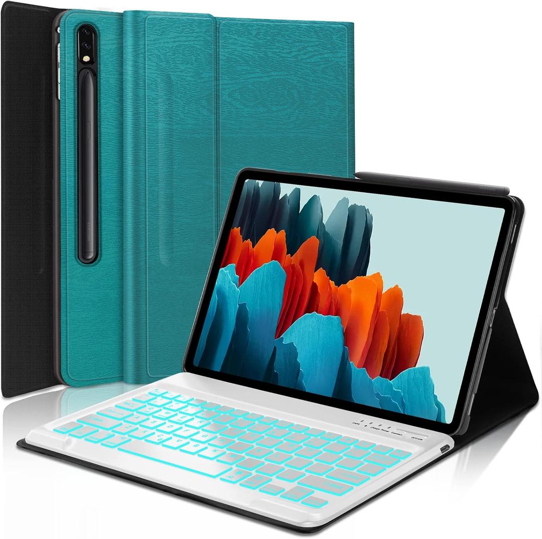 Keyboard Case for Samsung Galaxy Tab S7 FE/S8 Plus/S7 Plus 12.4 Inch, 7-Color Backlit, Smart Magnetic Detachable Wireless Bluetooth Keyboard, Slim Protective Cover with S Pen Holder, Auto Sleep/Wake