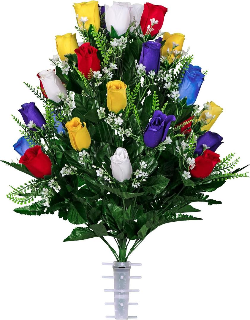 Sympathy Silks Artificial Cemetery Flowers - Realistic - Outdoor Grave Decorations - 30 Stems Assorted Mix of Red Blue Purple Yellow and White Roses (Bouquet)