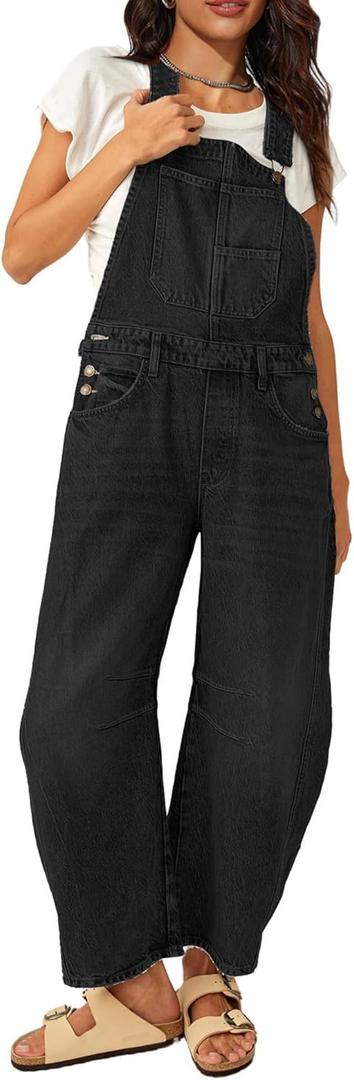 Barrel Overalls Jumpsuits for Women Casual Loose Baggy Jeans Pants Sleeveless Bib Jumpers with Pockets (Medium, Classic Black)