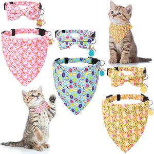 6 Pcs Easter's Day Cat Collars with Bell Bow Tie Bandana Breakaway with Bow and Bells Adjustable Safety Cat Collars for Kitten (Yellow)