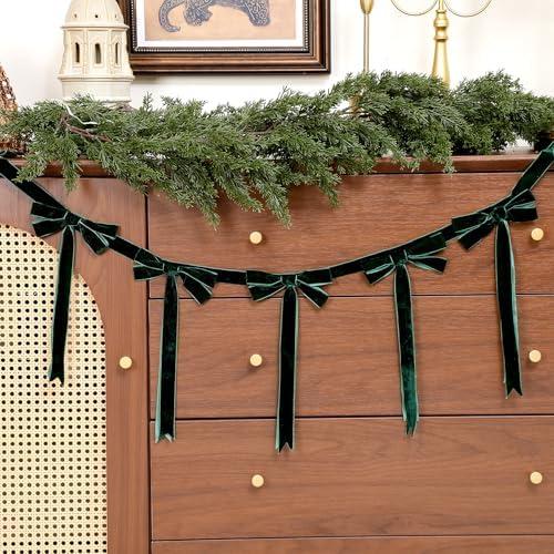 Giegxin 2 Pcs 13.2ft Christmas Velvet Bow Garland Ribbon Bow Garland Banner Bows Velvet Christmas Ornaments Reusable Vintage Bows Decoration for Xmas Tree Fireplace Staircase(Deepgreen)