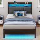 Rolanstar Bed Frame Twin Size with Charging Station and LED Lights, PU Leather Headboard with Storage Shelves, Heavy Duty Metal Slats, No Box Spring Need, Noise Free, Easy Assembly, Black