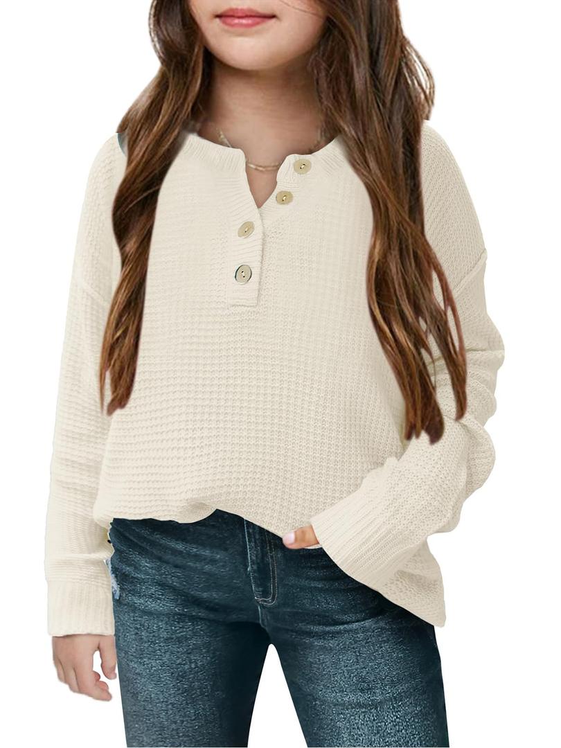 rrhss Girls Waffle Knit Sweaters Trendy Henley Button V Neck Long Sleeve Pullover Jumper Tops Off-White