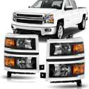 Headlights Assembly for 2014-2015 Chevy Silverado 1500 Halogen Head Light Headlamp Replacement Driver &Passenger Side, Chrome Housing Black Inner Amber Corner