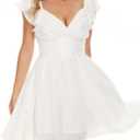 Surplice V Neck Dress for Women 2023 Sleeveless Ruffle Shoulders A-Line Flowy Dresses with Smocked Back (White, M)