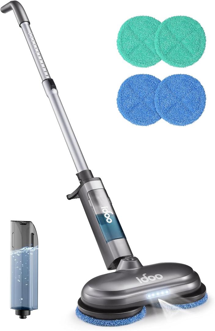iDOO Cordless Electric Mop, Rechargeable Spin Mop with Water Spray & LED Headlight, Quiet Self Propelled Floor Cleaner, Washable Pads, Lightweight Floor Scrubber for All Floors