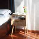 MaxSmeo Modern Nightstand Rattan Side End Table with Storage, for Living Room, Bedroom and Small Spaces, Accent Bedside Farmhouse Tables with Solid Wood Legs, Easy Assembly (Natural Walnut)