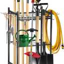 Garden Tool Organizer Rack with Wheels Up to 30-35 Tools, Heavy-Duty Steel Yard Tool Organizer for Garage Storage with 11 Hooks, Broom Holder & Garden Tool Rack for Shed, Patio, Lawn, Outdoor, Black