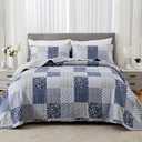 VIVILINEN Oversized King Size Quilt Set 128x120 Navy Blue Grey Bedspread Plaid Patchwork Extra Wide Super King Quilted Coverlet Bedding Set 3-Piece Reversible Lightweight Bed Cover Comforter Set