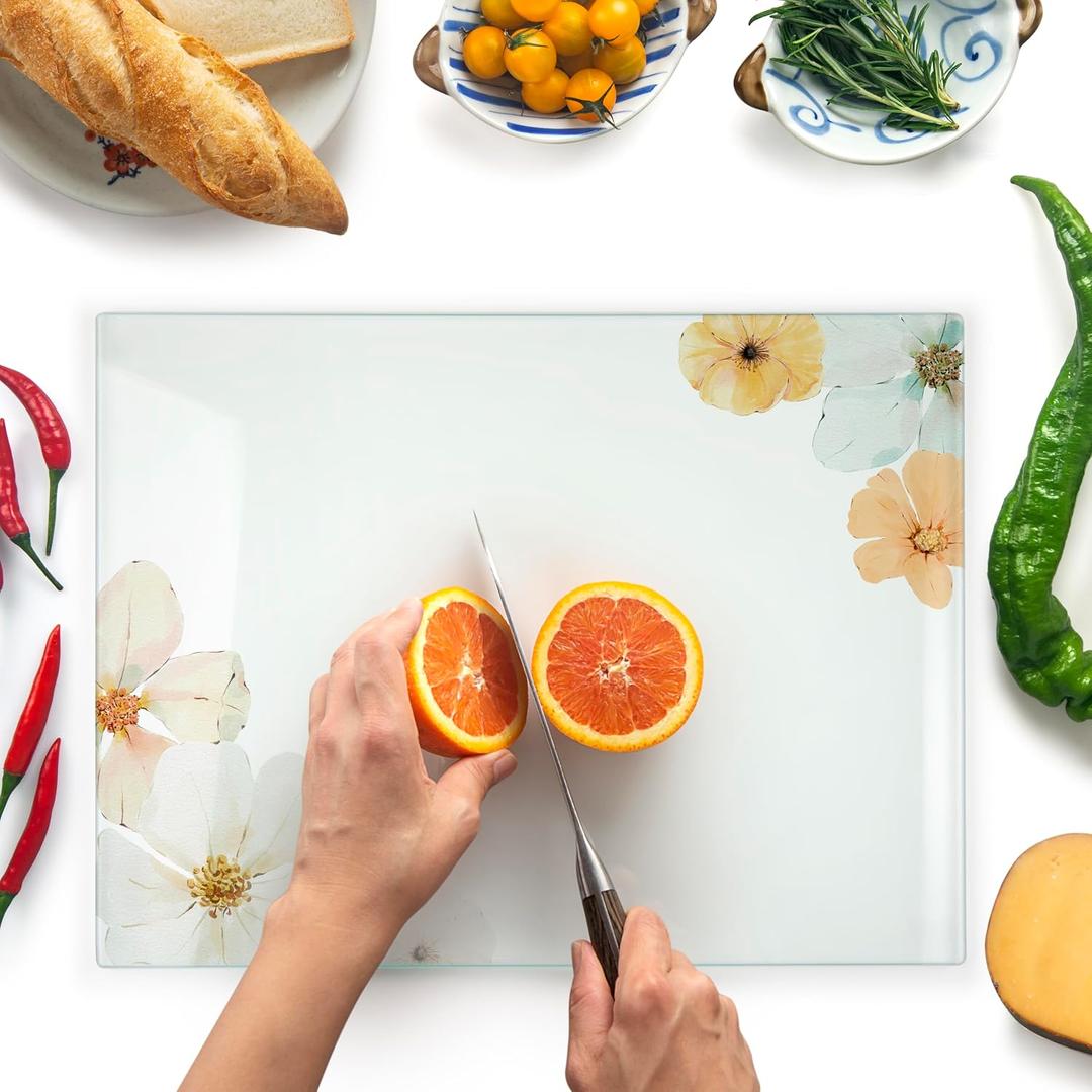 Kitchenville Glass Cutting Board 20”x16”: Tempered Glass Kitchen Counter Protector - Durable- Scratch-Resistant, Heat-Proof - Design 5 - Floral Design