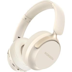 RORSOU B8 Bluetooth Headphones Over Ear, 6 EQ Music Modes and 50H Playtime Deep Bass Wireless Headphones with Mic, Lightweight Folding HiFi Stereo Headset for iPad/Travel/Tablet/PC/Home Beige White