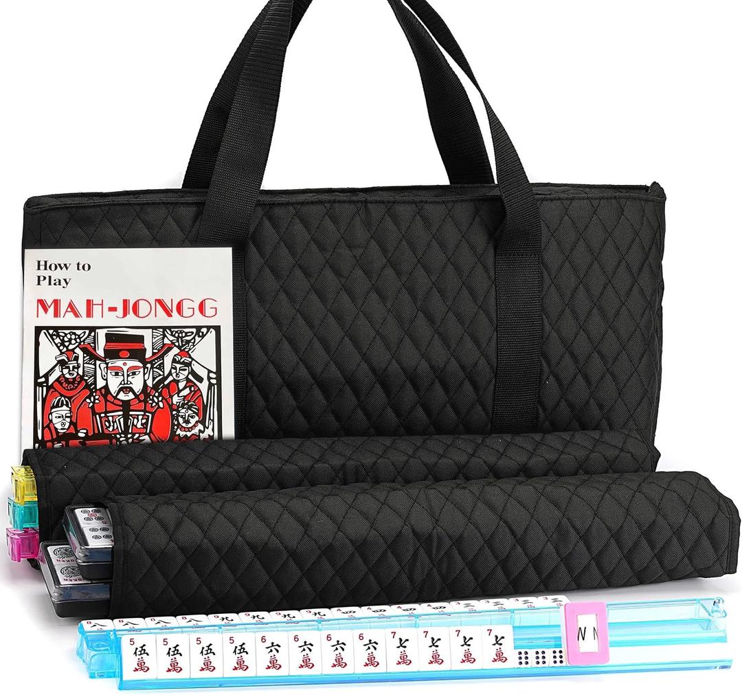 American Mahjong Game Set - Black Quilted Soft Bag 166 Premium Tiles with 4 All-in-One Rack/Pushers,100 Chips, Wind Indicator, English Manual. Easy Carry Complete Classic Mah-Jongg Set