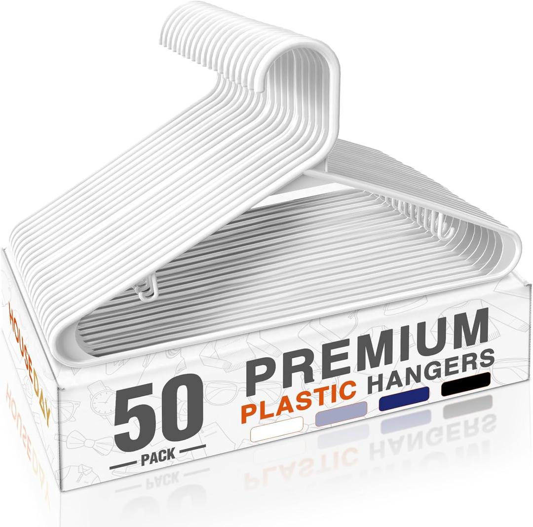 HOUSE DAY White Plastic Hangers 50 Pack, Plastic Clothes Hangers with Builtin Hooks, Durable and Strong Plastic Coat Hangers for Closet, Space Saving Clothing Hanger for Shirts, Coats, Skirt, Dress