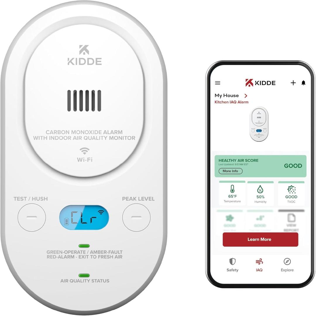 Kidde Smart Carbon Monoxide Detector & Indoor Air Quality Monitor, Plug-in with AA Battery Backup, Real-Time Notifications, 2.4 GHz Wi-Fi Enabled, Rotating Plug, 85 dB Alarm, 5th Edition, COPDLQW