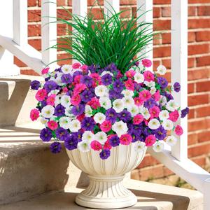 INQCMY Artificial Flowers for Outdoors, 12 Bundles UV Resistant Fake Morning Glory and 2 Bundles Greenery Grass, Silk Faux Plants for Garden Porch Patio Home Decor