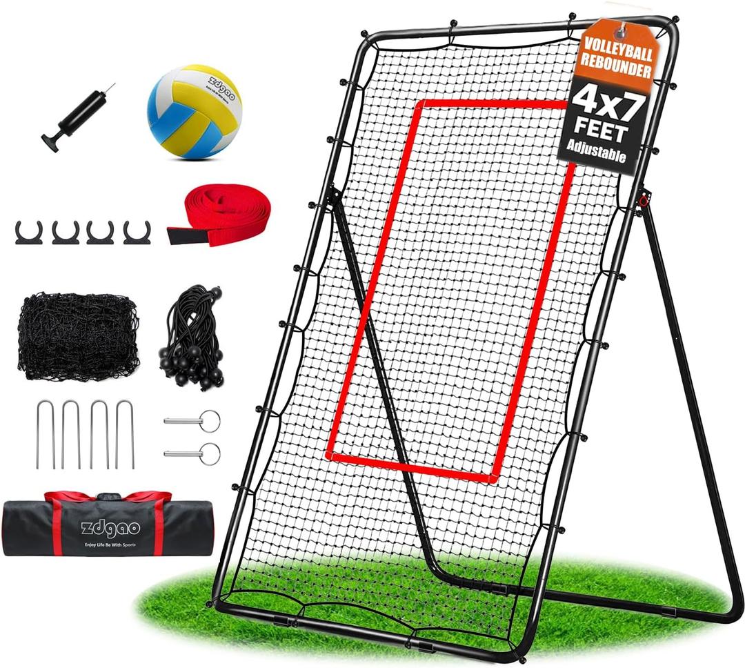 Volleyball Rebounder Net with Bungee Cords, Volleyball,Carry Bag and Neon Target, Adjustable Bounce Back Net for Practicing Volleying, Bumping, Spiking (4x7ft)