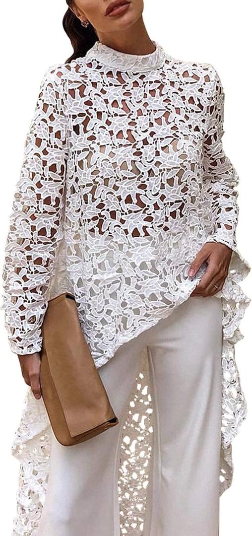 PRETTYGARDEN Women's Long Sleeve Round Neck High Low Asymmetrical Irregular Hem Casual Tops Blouse Shirt Dress (X-Large, White)