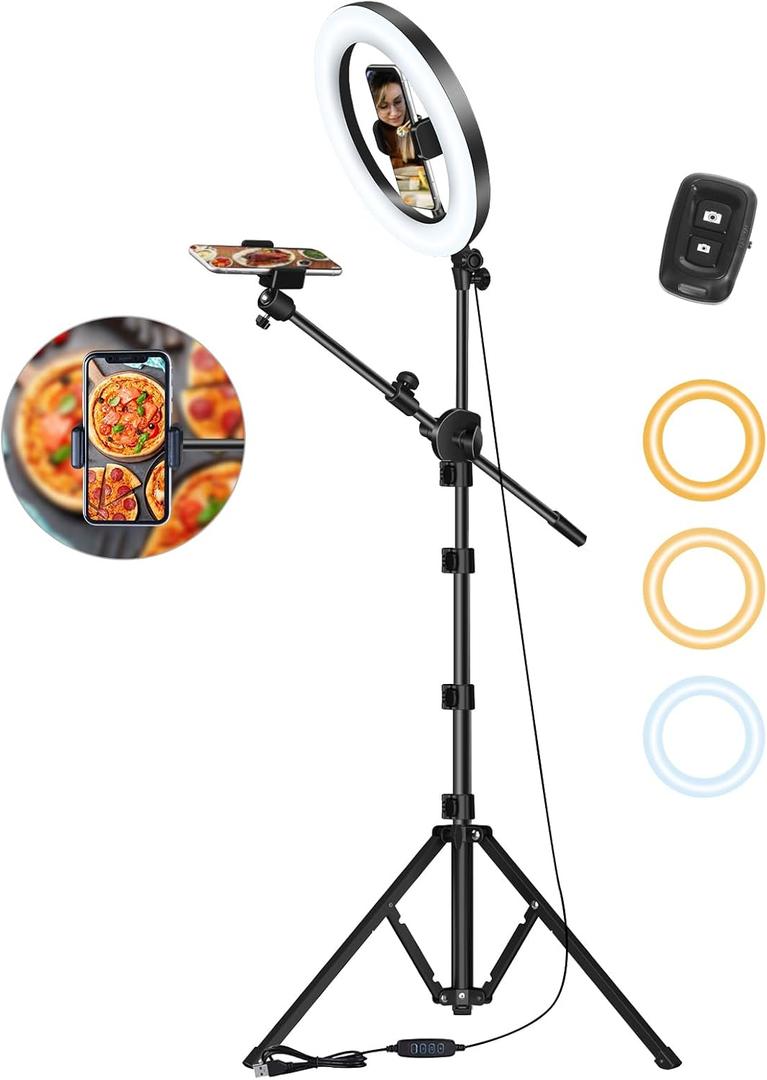 LUXSURE Ring Light with Stand for Phones, Tripod with Ring Light for iPhone, Overhead Phone Mount 10.5" with Phones Stand and Remote, Phone Tripod with Light for Video Recording/Live Stream/Cooking (Black)