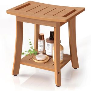 Waterproof Shower Benches for Inside Shower, Poly Lumber Shower Stool with Storage Shelf & Adjustable Feet, SPA Bathroom Seat Chair for Shaving Legs, Indoor or Outdoor Use, Teak Brown (Medium - Ergonomic 16"x12"x17")