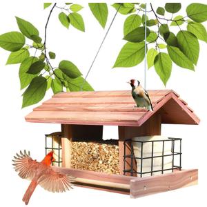 Large Cedar Wood Bird Feeder for Outdoors Hanging With 2 Suet Cages - Waterproof Garden Decoration