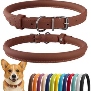 CollarDirect Rolled Leather Dog Collar, Soft Padded Round Puppy Collar, Handmade Genuine Leather Collar Dog Small Large Cat Collars 13 Colors (11-14 Inch, Cinnamon Smooth) (Brown)