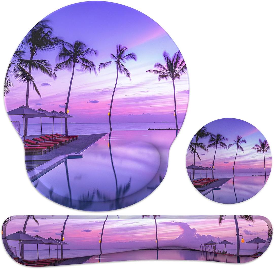 Ergonomic Mouse Pad with Wrist Rest and Keyboard Wrist Rest, Mousepad and Keyboard Pad, Non-Slip Rubber Base, Pain Relief, Mouse Pad Wrist Support for Gaming, Computer, Office, Home, Purple Beach