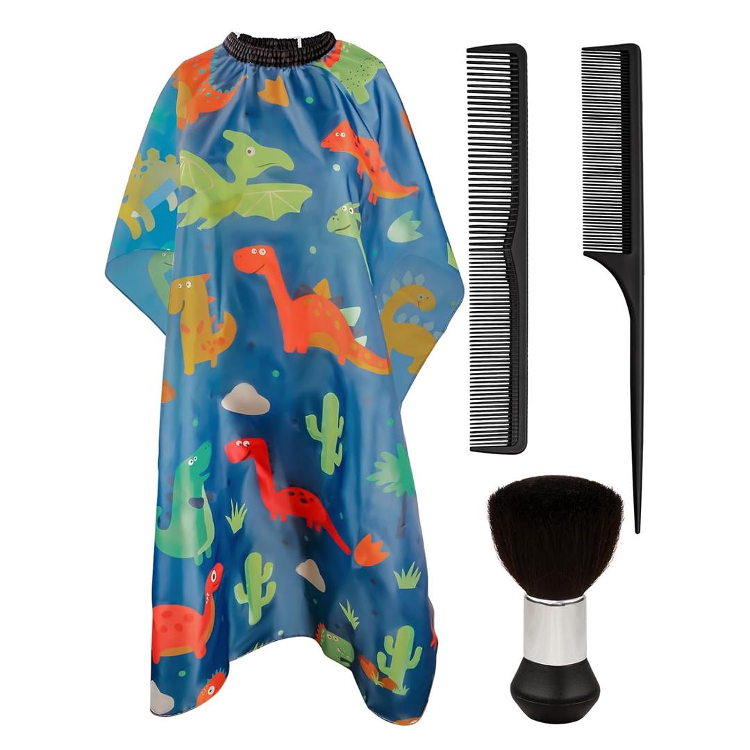 Kids haircut cape and Neck Duster Brush Hair Comb Set,hair cutting cape with Adjustable Closure barber cape (Blue Cartoon Dinosaur)