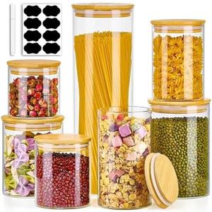 Meolibour 7 Pack Thicker Glass Food Storage Jars with Airtight Bamboo Lids, Clear Glass Storage Containers, Glass Canisters Set for Pasta, Nuts, Coffee Beans, Kitchen Pantry Organization Jar, BPA Free