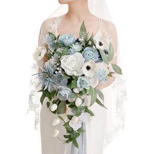 Ling's Moment Dusty Blue Bridal Bouquet Cascading, Wedding Bouquets for Bride, 15 Inch Bride Bouquets for Wedding Artificial Flowers Bouquets