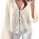 Chvity Tie Front Tops for Women Y2K Linen Shirts Flare Sleeve V Neck Going Out Coquette Clothes Casual Lace Up Bow Blouses (Beige, S)