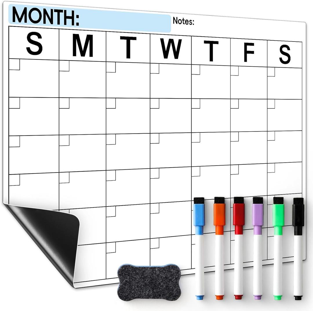 Dry Erase Magnetic Calendar for Refrigerator - Monthly Planner Magnet Whiteboard for Fridge Wall Door - Shopping, Meal/Menu, to Do List, Family Schedule Planning Board with 6 Markers - Black